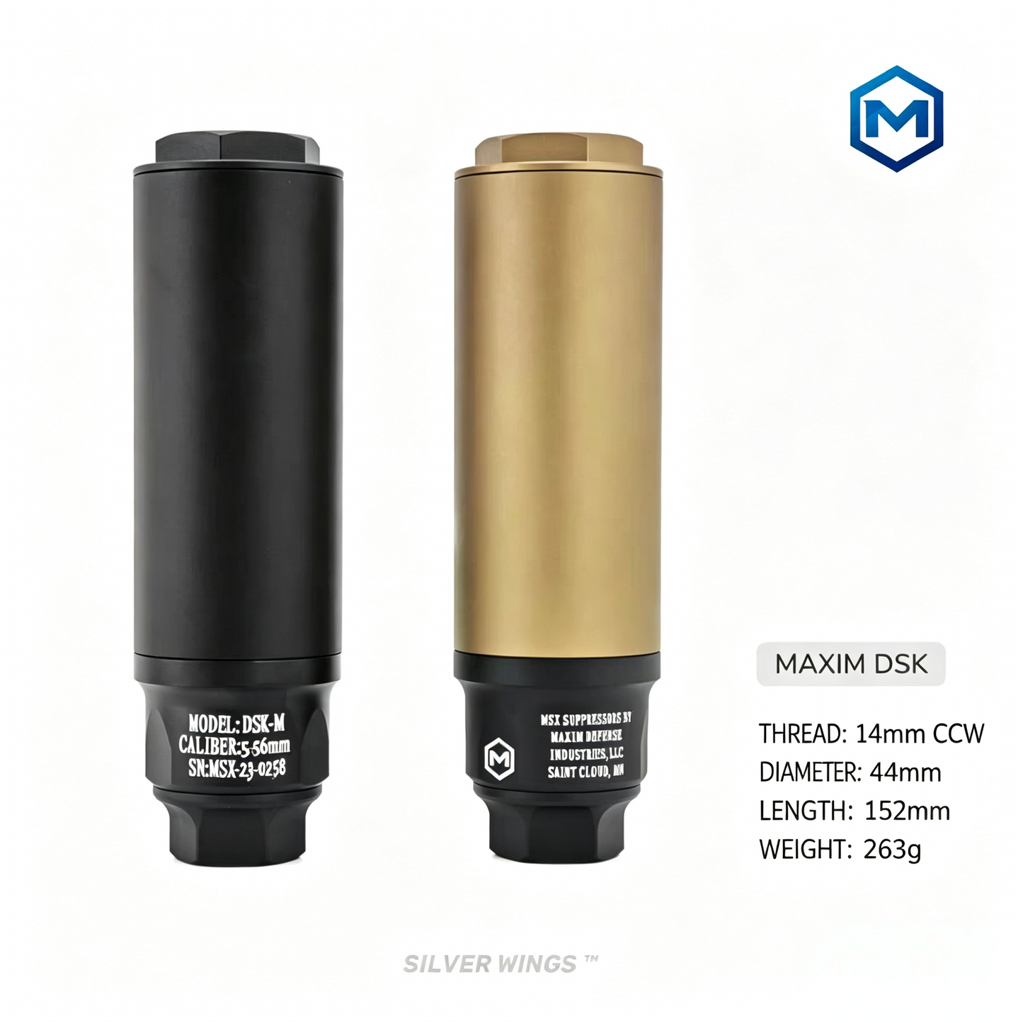 Airsoft Maxim Defense DSK Style Mock Suppressor 14mm CCW finish detail for airsoft replica builds