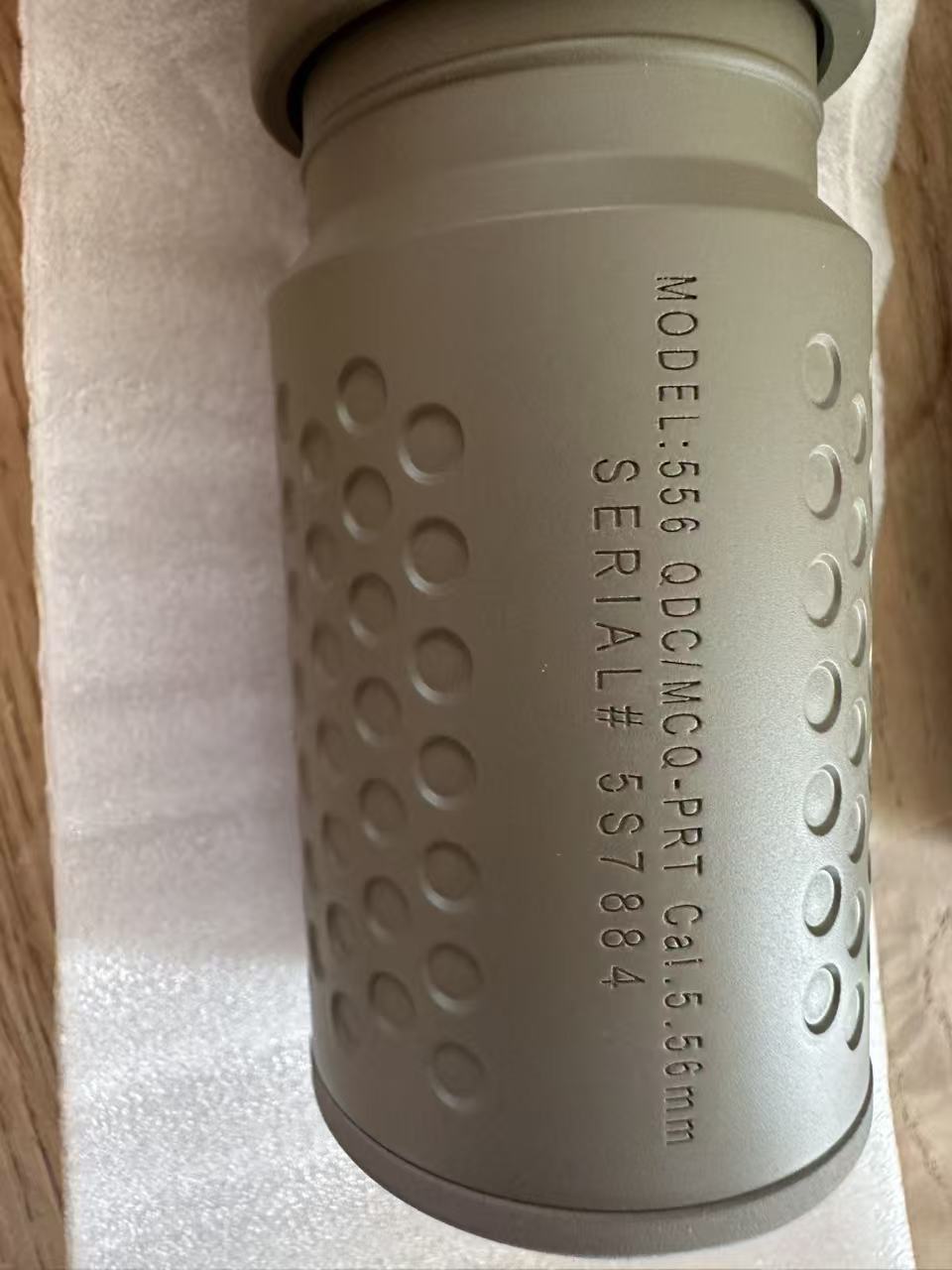 Angry Gun KAC Style QDC/MCQ-PRT airsoft mock suppressor for KS1 L403A1 builds, 14mm CCW fitment detail