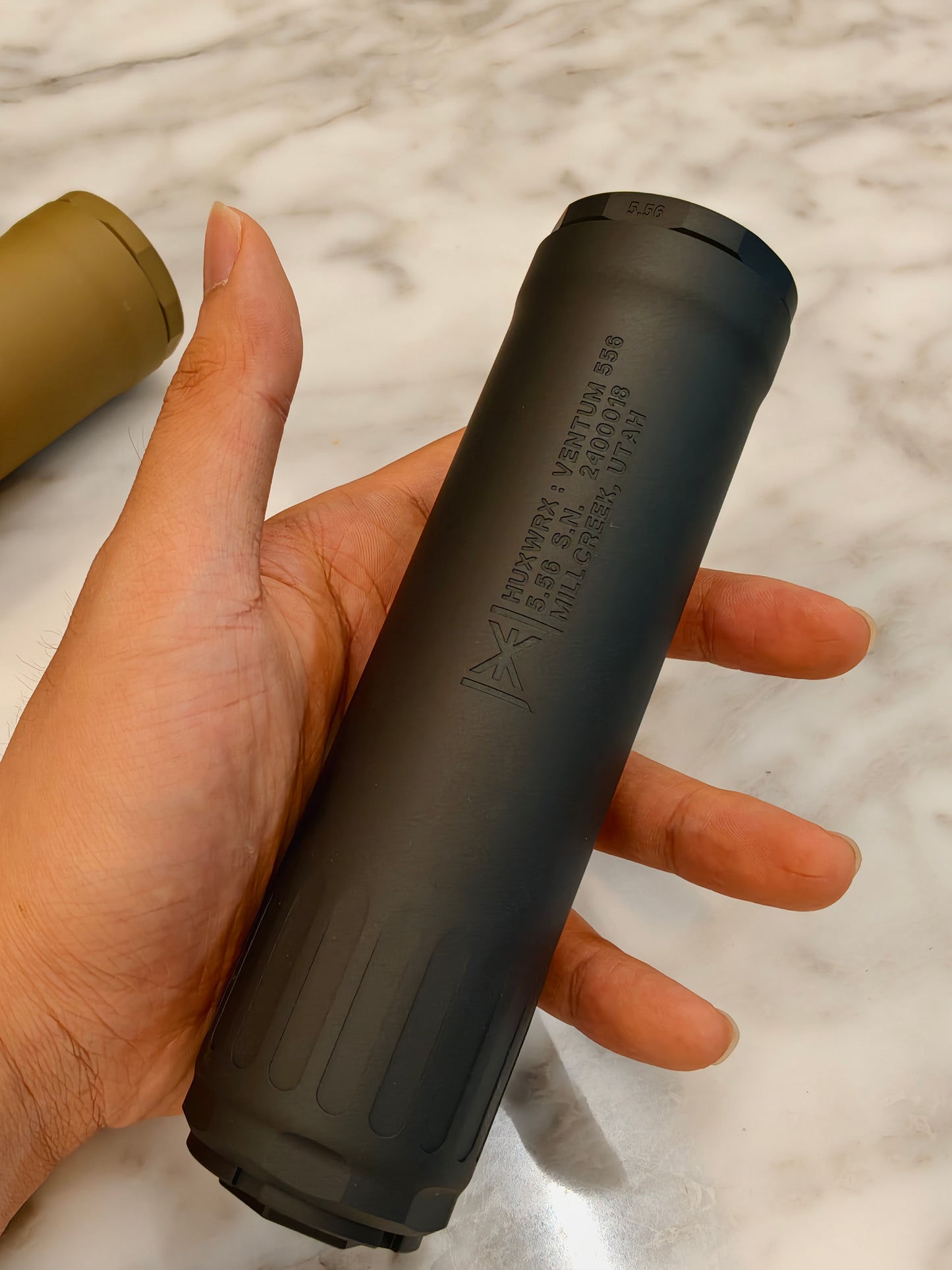 Airsoft HUXWRX VENTUM 556 Style Mock Suppressor 14mm CCW close-up detail for airsoft replica builds