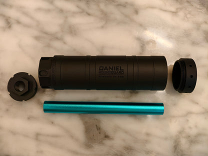 Airsoft Daniel Defense Fat Can Mock Suppressor - 44mm OD, 14mm CCW side view for airsoft replica builds