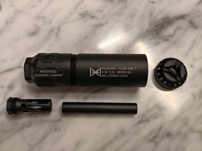 Airsoft HUXWRX FLOW 556Ti Style QD Mock Suppressor 14mm CCW mounting detail for airsoft replica builds