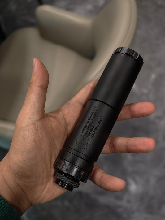 Airsoft AAC HALCYON 22 Style QD Mock Suppressor 14mm CCW side view for airsoft replica builds