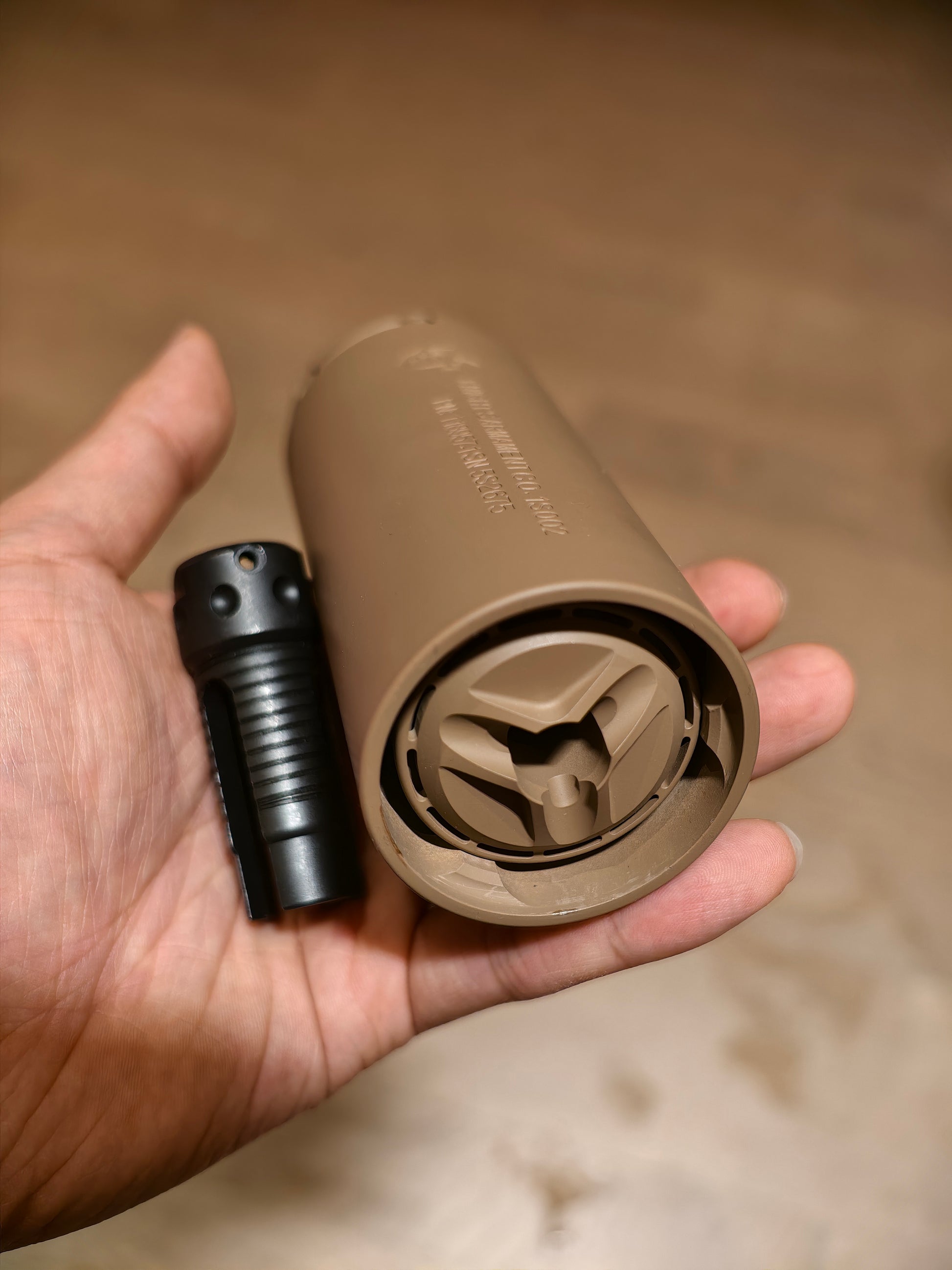 Angry Gun KAC Style QDC/MCQ-PRT airsoft mock suppressor for KS1 L403A1 builds, 14mm CCW side view
