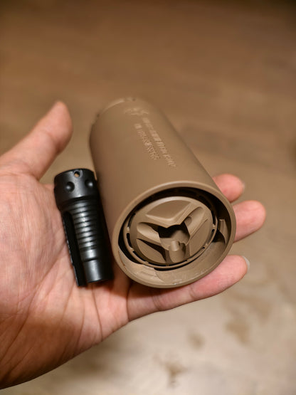 Angry Gun KAC Style QDC/MCQ-PRT airsoft mock suppressor for KS1 L403A1 builds, 14mm CCW side view