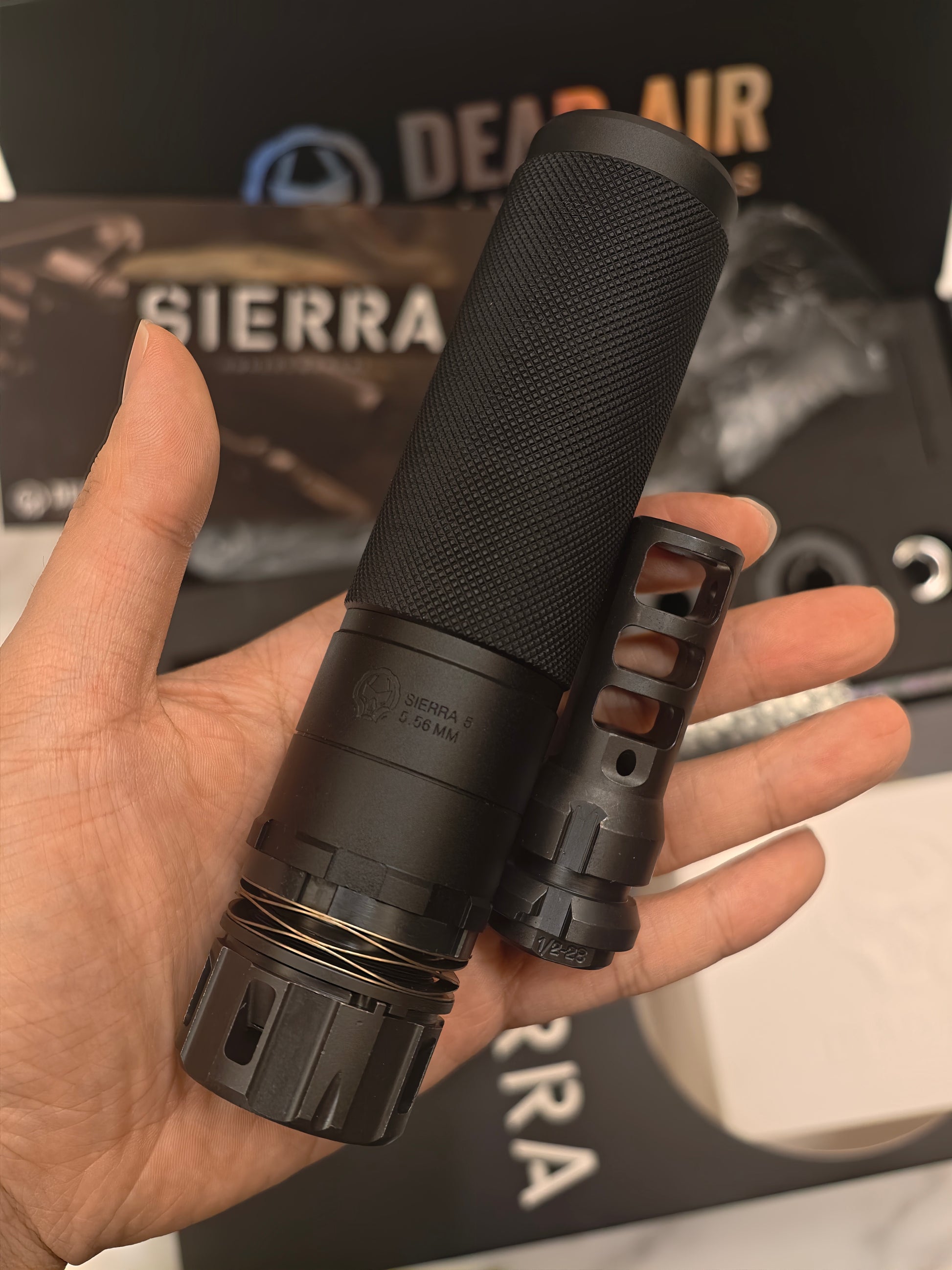 Airsoft Dead Air Sierra 5 Style Mock Suppressor 14mm CCW profile view for airsoft replica builds