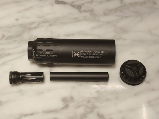 HUXWRX FLOW 556Ti airsoft mock suppressor with internal tube, front cap and adapter
