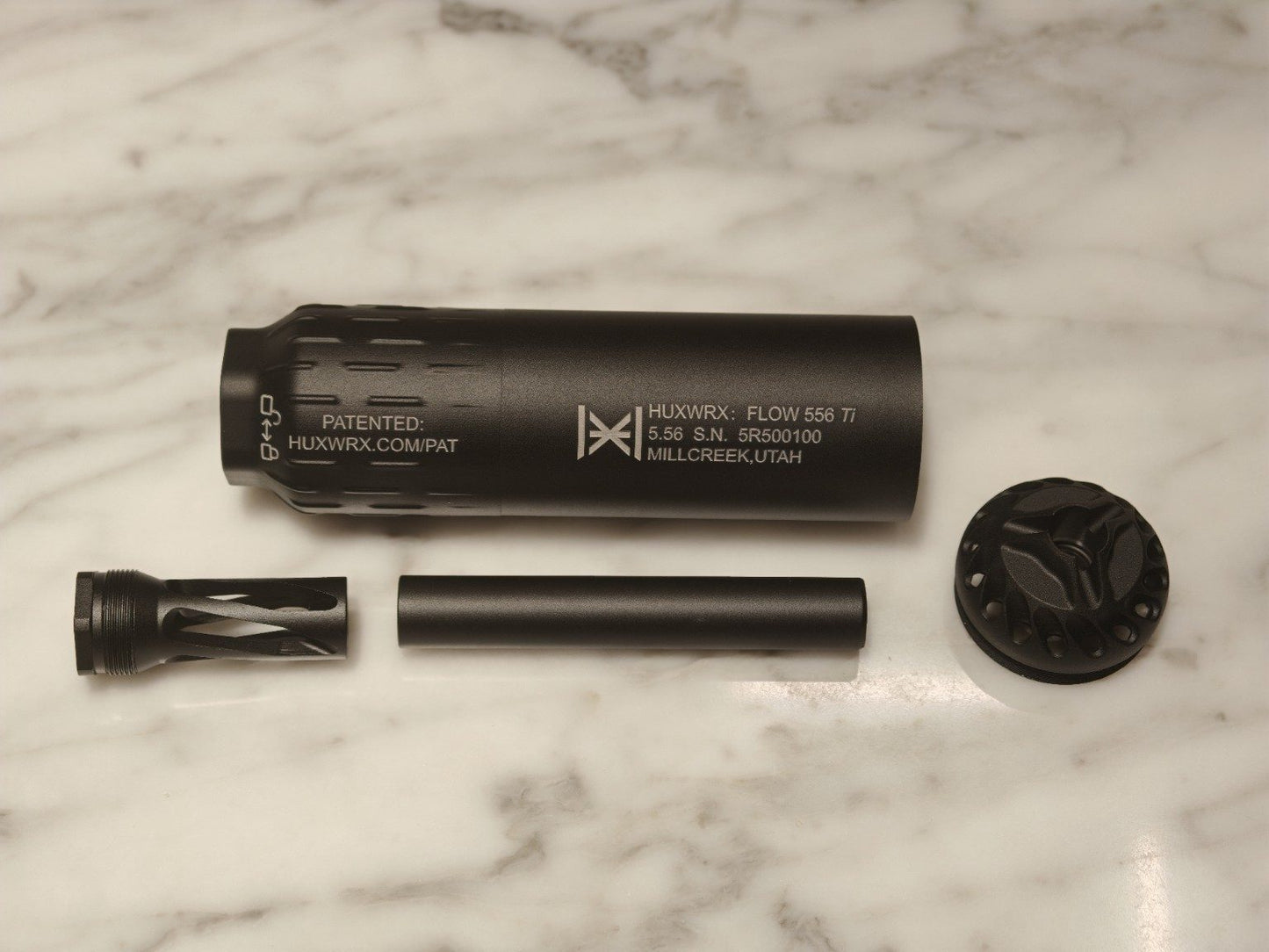 HUXWRX FLOW 556Ti airsoft mock suppressor with internal tube, front cap and adapter