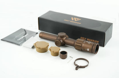 Holy Warrior TANGO6T 1-6x24 airsoft scope package contents with mount, lens covers and accessories