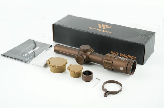 Holy Warrior TANGO6T 1-6x24 airsoft scope package contents with mount, lens covers and accessories