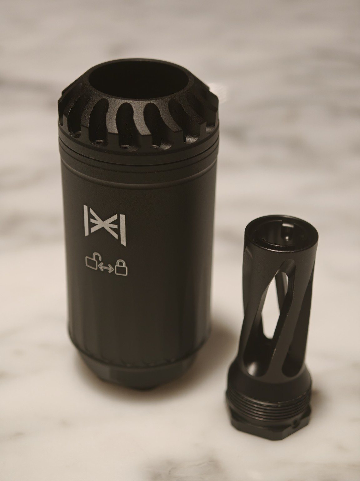 HUXWRX Blastphemy airsoft blast can with 14mm CCW threaded adapter