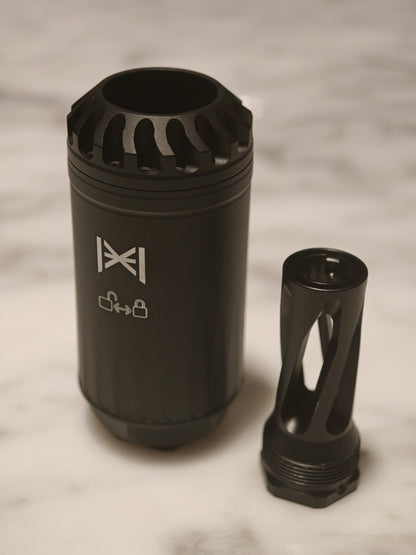HUXWRX Blastphemy airsoft blast can with 14mm CCW threaded adapter