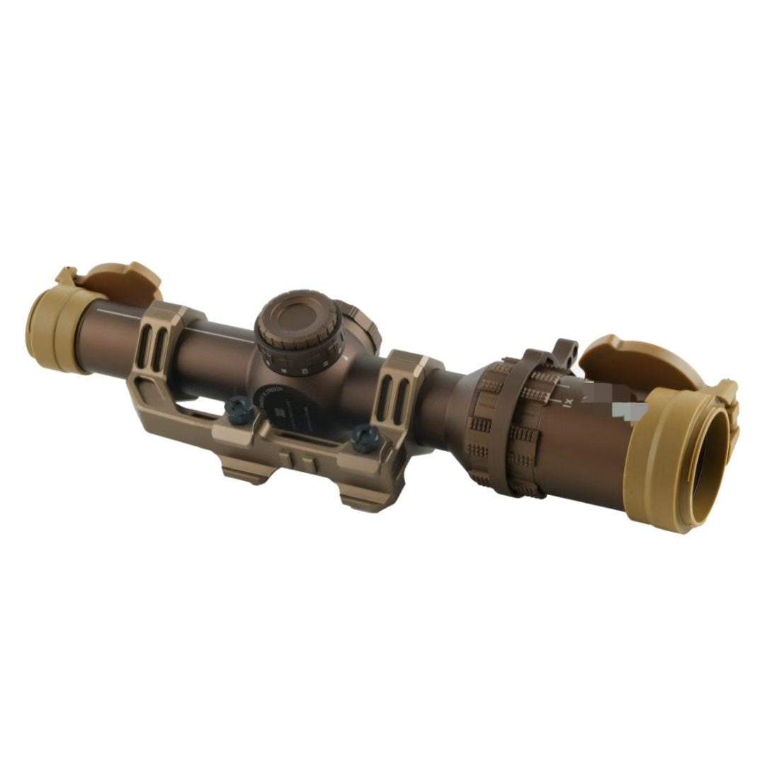 Holy Warrior TANGO6T 1-6x24 bronze airsoft LPVO with supplied 30mm mount and flip-up lens covers